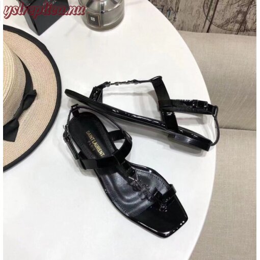 Replica YSL Fake Saint Laurent Cassandra Flat Sandals In Black Patent Leather 5