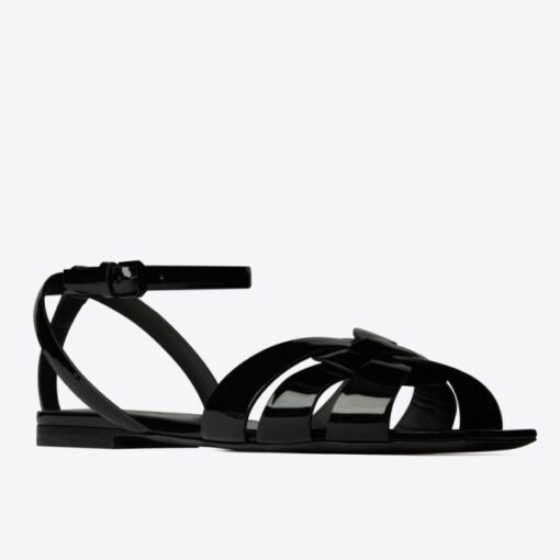 Replica YSL Fake Saint Laurent Tribute Flat Sandals In Black Patent Leather