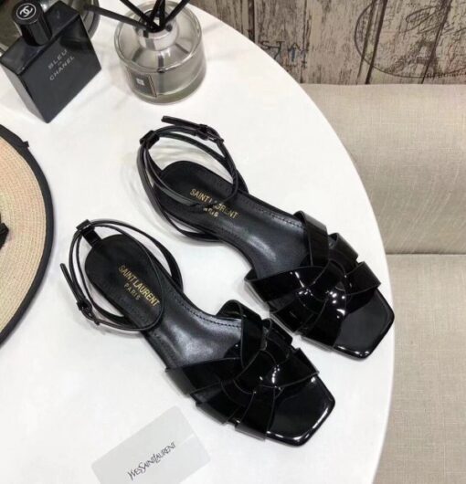Replica YSL Fake Saint Laurent Tribute Flat Sandals In Black Patent Leather 2