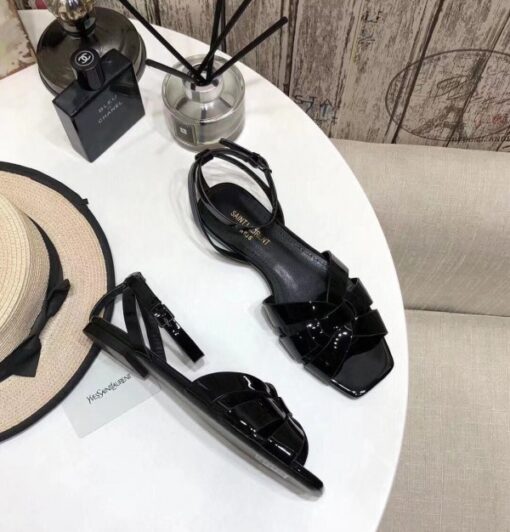 Replica YSL Fake Saint Laurent Tribute Flat Sandals In Black Patent Leather 3