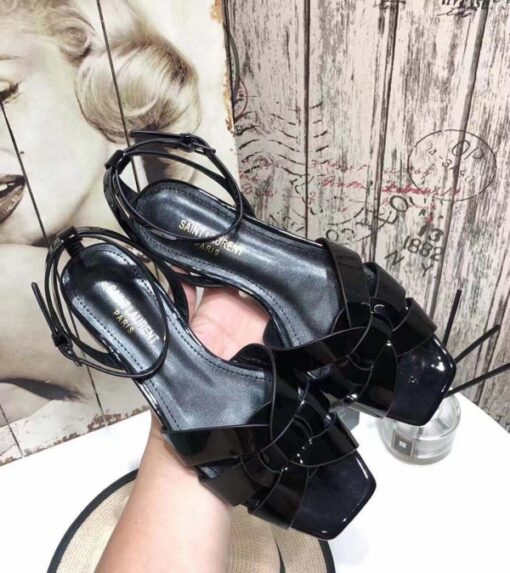 Replica YSL Fake Saint Laurent Tribute Flat Sandals In Black Patent Leather 7