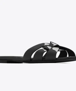 Replica YSL Fake Saint Laurent Tribute Slides In Black Patent Leather