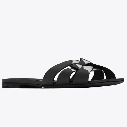 Replica YSL Fake Saint Laurent Tribute Slides In Black Patent Leather