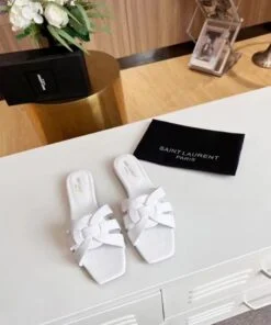 Replica YSL Fake Saint Laurent Tribute Slides In White Calfskin 2