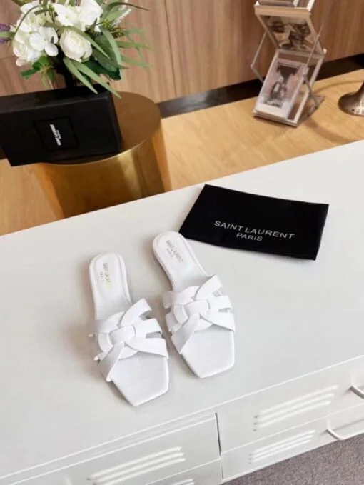 Replica YSL Fake Saint Laurent Tribute Slides In White Calfskin 2