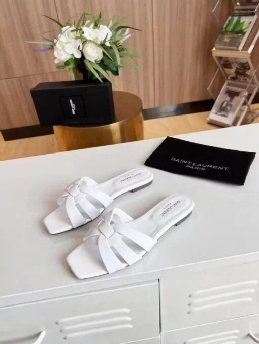 Replica YSL Fake Saint Laurent Tribute Slides In White Calfskin 3