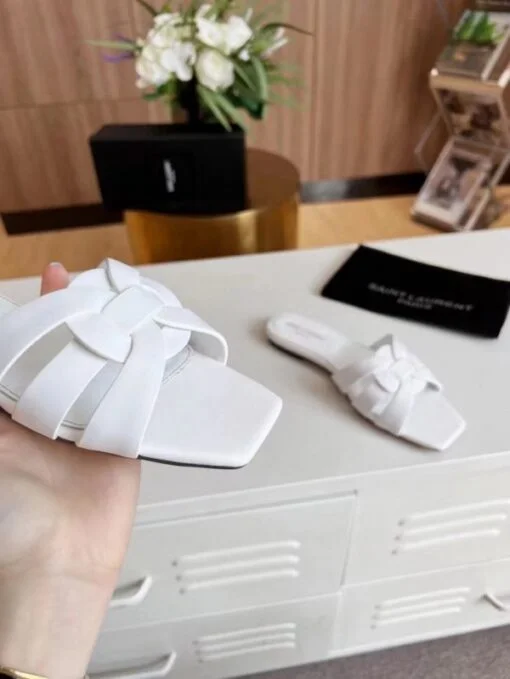 Replica YSL Fake Saint Laurent Tribute Slides In White Calfskin 4