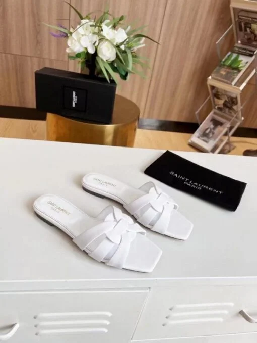 Replica YSL Fake Saint Laurent Tribute Slides In White Calfskin 5