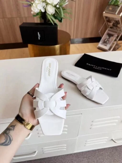 Replica YSL Fake Saint Laurent Tribute Slides In White Calfskin 6