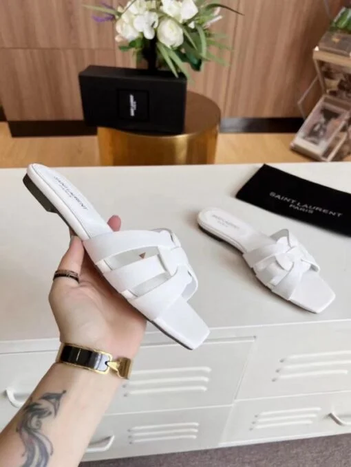 Replica YSL Fake Saint Laurent Tribute Slides In White Calfskin 7