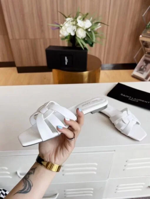 Replica YSL Fake Saint Laurent Tribute Slides In White Calfskin 8