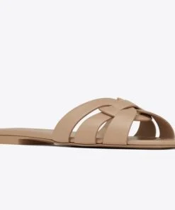 Replica YSL Fake Saint Laurent Tribute Slides In Beige Calfskin