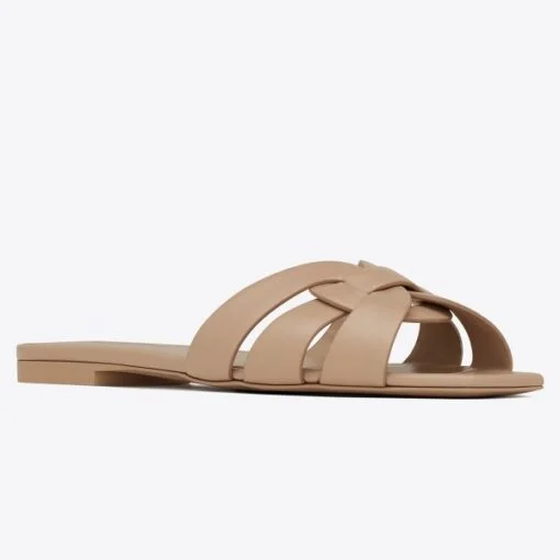 Replica YSL Fake Saint Laurent Tribute Slides In Beige Calfskin