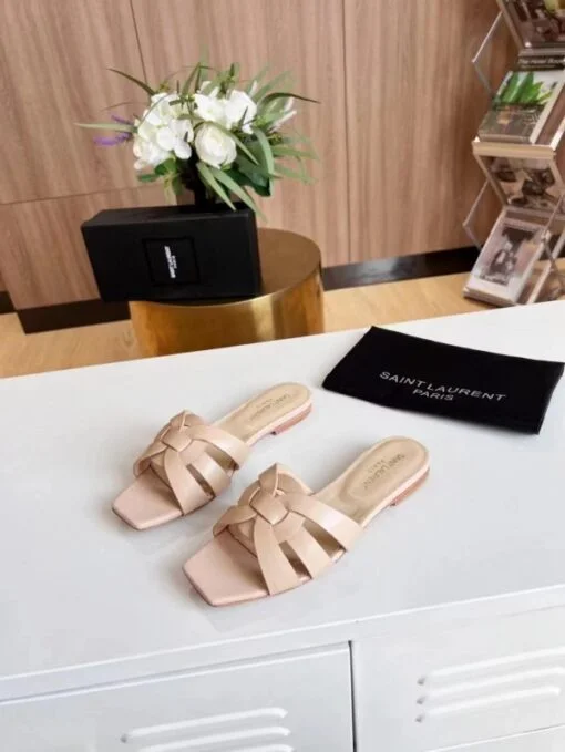 Replica YSL Fake Saint Laurent Tribute Slides In Beige Calfskin 2