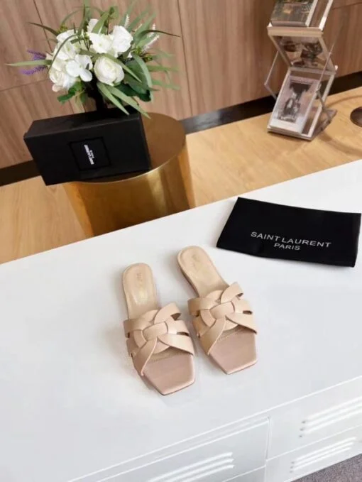 Replica YSL Fake Saint Laurent Tribute Slides In Beige Calfskin 3