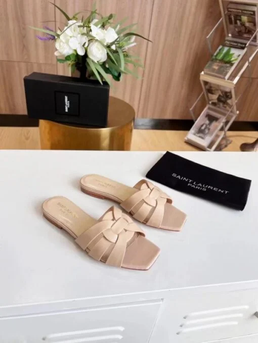 Replica YSL Fake Saint Laurent Tribute Slides In Beige Calfskin 4