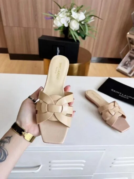 Replica YSL Fake Saint Laurent Tribute Slides In Beige Calfskin 5