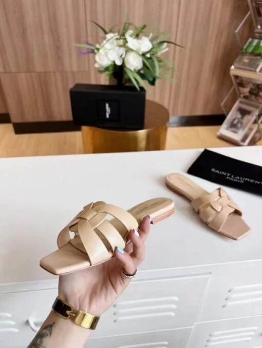 Replica YSL Fake Saint Laurent Tribute Slides In Beige Calfskin 6