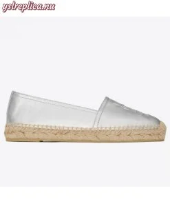 Replica YSL Fake Saint Laurent Monogram Espadrilles In Silver Metallic Lambskin