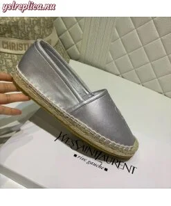 Replica YSL Fake Saint Laurent Monogram Espadrilles In Silver Metallic Lambskin 2