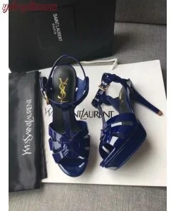 Replica YSL Fake Saint Laurent Tribute Sandals In Blue Patent Leather 2