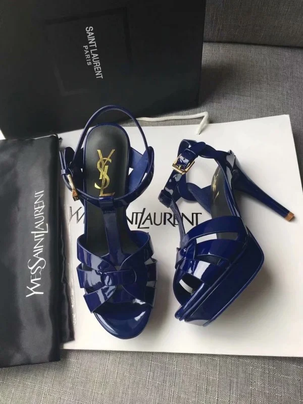 Replica YSL Fake Saint Laurent Tribute Sandals In Blue Patent Leather 2