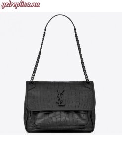 Replica YSL Fake Saint Laurent Medium Niki Bag In Black Crocodile Embossed Leather