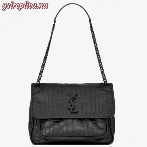 Replica YSL Fake Saint Laurent Medium Niki Bag In Black Crocodile Embossed Leather