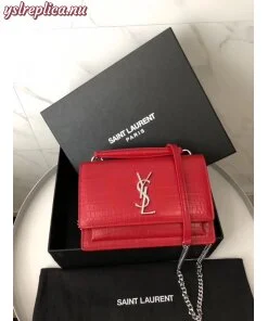 Replica YSL Fake Saint Laurent WOC Sunset Chain Wallet In Red Croc-Embossed Leather 2