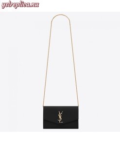 Replica YSL Fake Saint Laurent WOC Uptown Chain Wallet In Black Leather