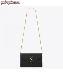 Replica YSL Fake Saint Laurent WOC Monogram Chain Wallet In Black Leather