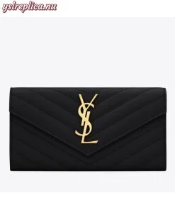 Replica YSL Fake Saint Laurent Large Monogram Flap Wallet In Black Grained Leather