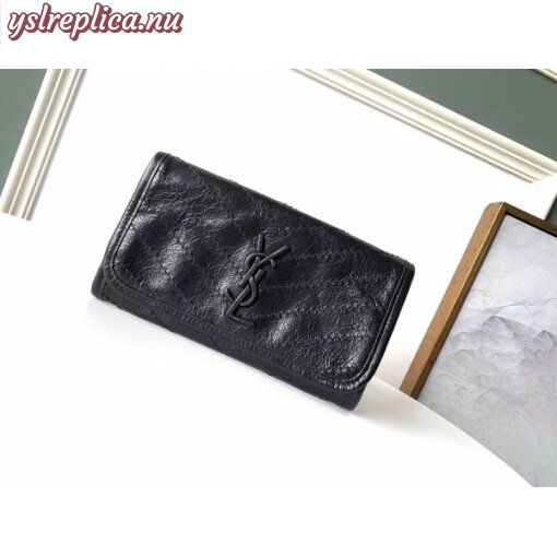 Replica YSL Fake Saint Laurent Niki Large Wallet In Black Crinkled Vintage Leather 2