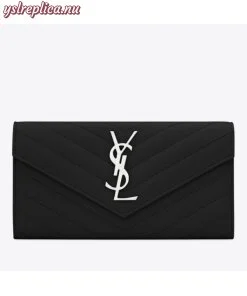 Replica YSL Fake Saint Laurent Large Monogram Flap Wallet In Noir Grained Leather