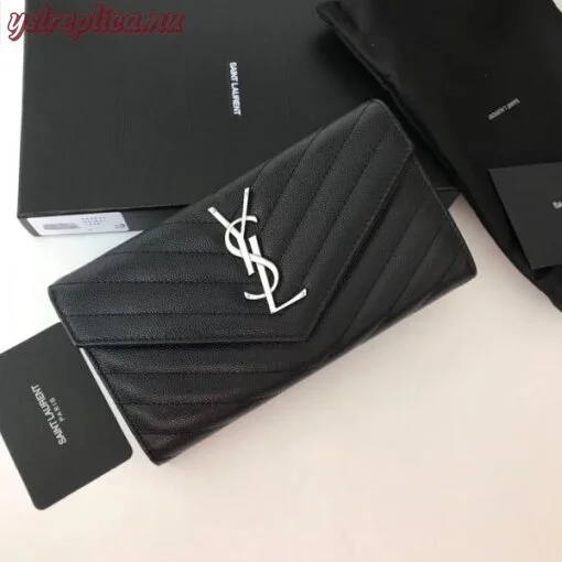 Replica YSL Fake Saint Laurent Large Monogram Flap Wallet In Noir Grained Leather 5