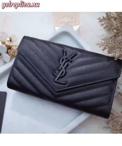 Replica YSL Fake Saint Laurent Large Monogram Flap All Black Wallet 2