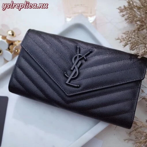 Replica YSL Fake Saint Laurent Large Monogram Flap All Black Wallet 2