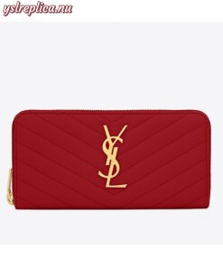 Replica YSL Fake Saint Laurent Monogram Zip Around Wallet In Red Grained Leather
