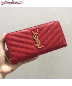 Replica YSL Fake Saint Laurent Monogram Zip Around Wallet In Red Grained Leather 2