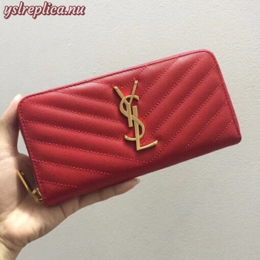 Replica YSL Fake Saint Laurent Monogram Zip Around Wallet In Red Grained Leather 2