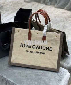 Replica YSL Saint Laurent Rive Gauche Tote Bag In Linen And Leather 49