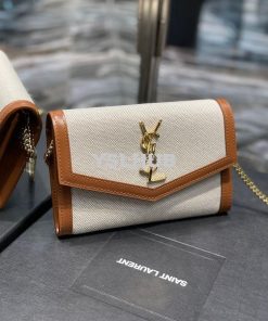 Replica YSL Saint Laurent Uptown Chain Wallet In Beige and Brown Canva 2