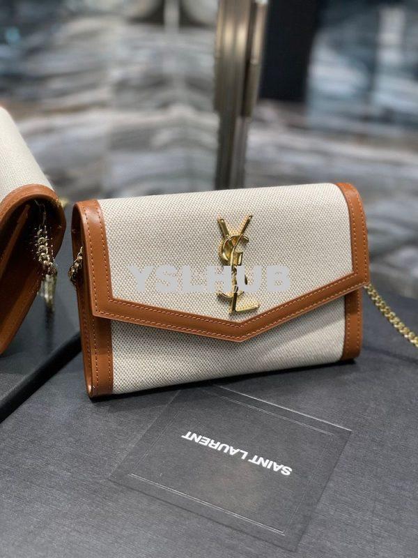 Replica YSL Saint Laurent Uptown Chain Wallet In Beige and Brown Canva 2