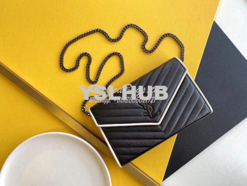 Replica YSL Saint Laurent Monogram Gold Chain Wallet Black White 2