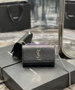 Replica YSL Saint Laurent Kate small chain bag in grain de poudre embossed leather 469390 Black silver