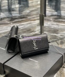 Replica YSL Saint Laurent Kate small chain bag in grain de poudre embossed leather 469390 Black silver 2