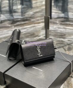 Replica YSL Saint Laurent Kate small chain bag in grain de poudre embossed leather 469390 Black silver 2 Replica YSL Saint Laurent Kate small chain bag in grain de poudre embossed leather 469390 Black silver 2