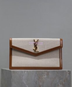 Replica Saint Laurent YSL Uptown Pouch in Canvas and Smooth Leather Beige