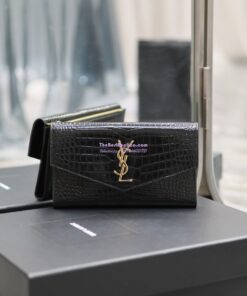 Replica Saint Laurent YSL Uptown Large Wallet in Crocodile-Embossed Shiny Leather black 582124