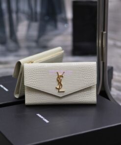 Replica Saint Laurent YSL Uptown Large Wallet in Crocodile-Embossed Shiny Leather white